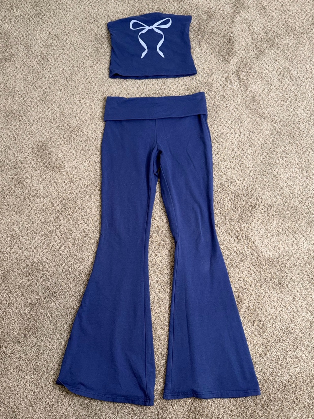 Edikted Aiyana Bow Built in Bra Tube Top/Fold Over Flared Leggings Outfit